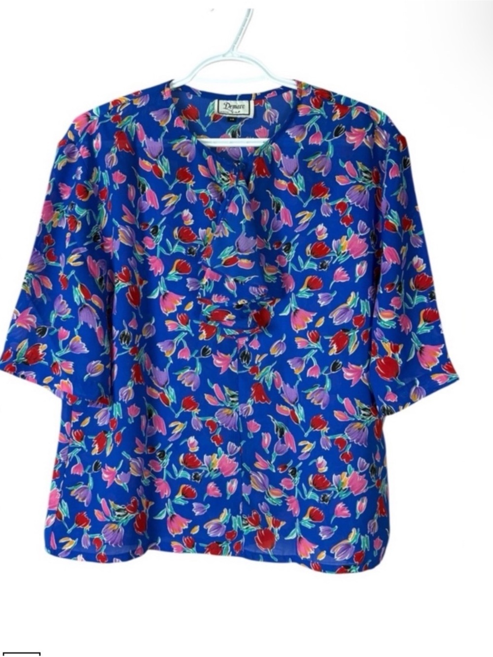 Vintage Floral Button-Front Blue Blouse